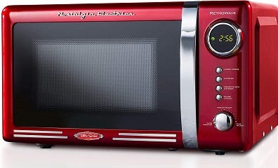 Nostalgia RMO7RR Retro 0.7 cu ft 700-Watt Countertop Microwave Oven, 12 Pre Programmed Cooking Settings, Digital Clock, Easy Clean Interior, Metallic Red