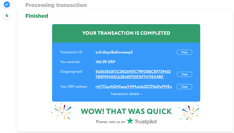 Transaction complete page on ChangeHero