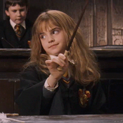 Hermione Granger from Harry Potter movies, waving her wand with a know-it-all attitude.