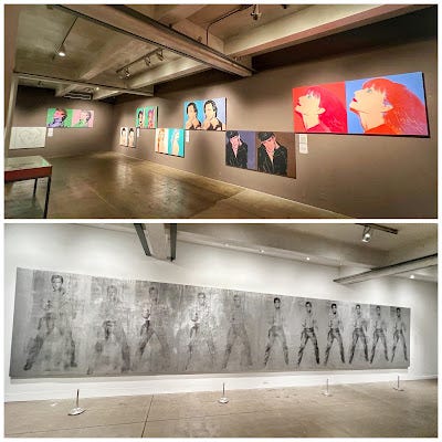 Views of 2 exhibit areas in the Warhol Museum