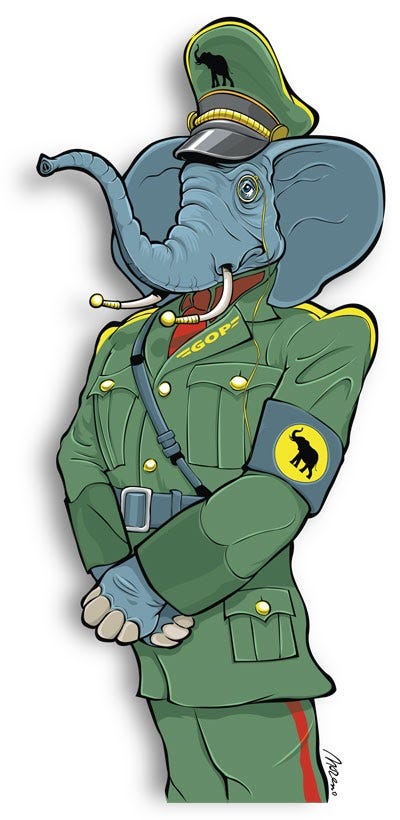 Illustration of an elephant wearing a uniform reminiscent of a fascist party uniform