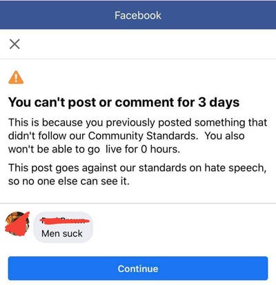 Screenshot of three day Facebook ban notification for saying “men suck”.