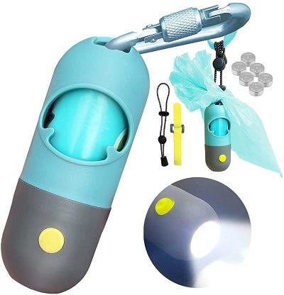 Dog Poop Bag Dispenser with Built-in LED Flashlight and Metal Clip for Leash, Pet Waste Bag Holder, Dog Walking Accessory, Crystal Blue