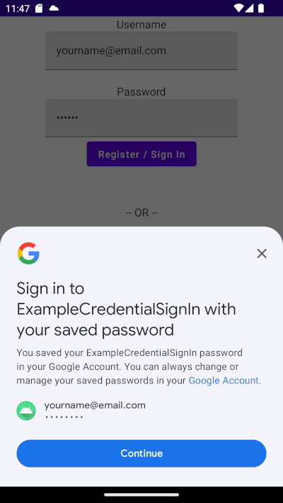 Screenshot showing overlay asking user if they want to sign in with a saved credential