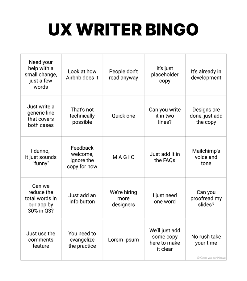 UX Writer Bingo. Play along! | by Greta van der Merwe | Medium