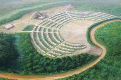 An image showing Poverty Point Sun Temple from the air: it is in a lush forest, a number of concentric ridges of earth form multiple semi-circles.