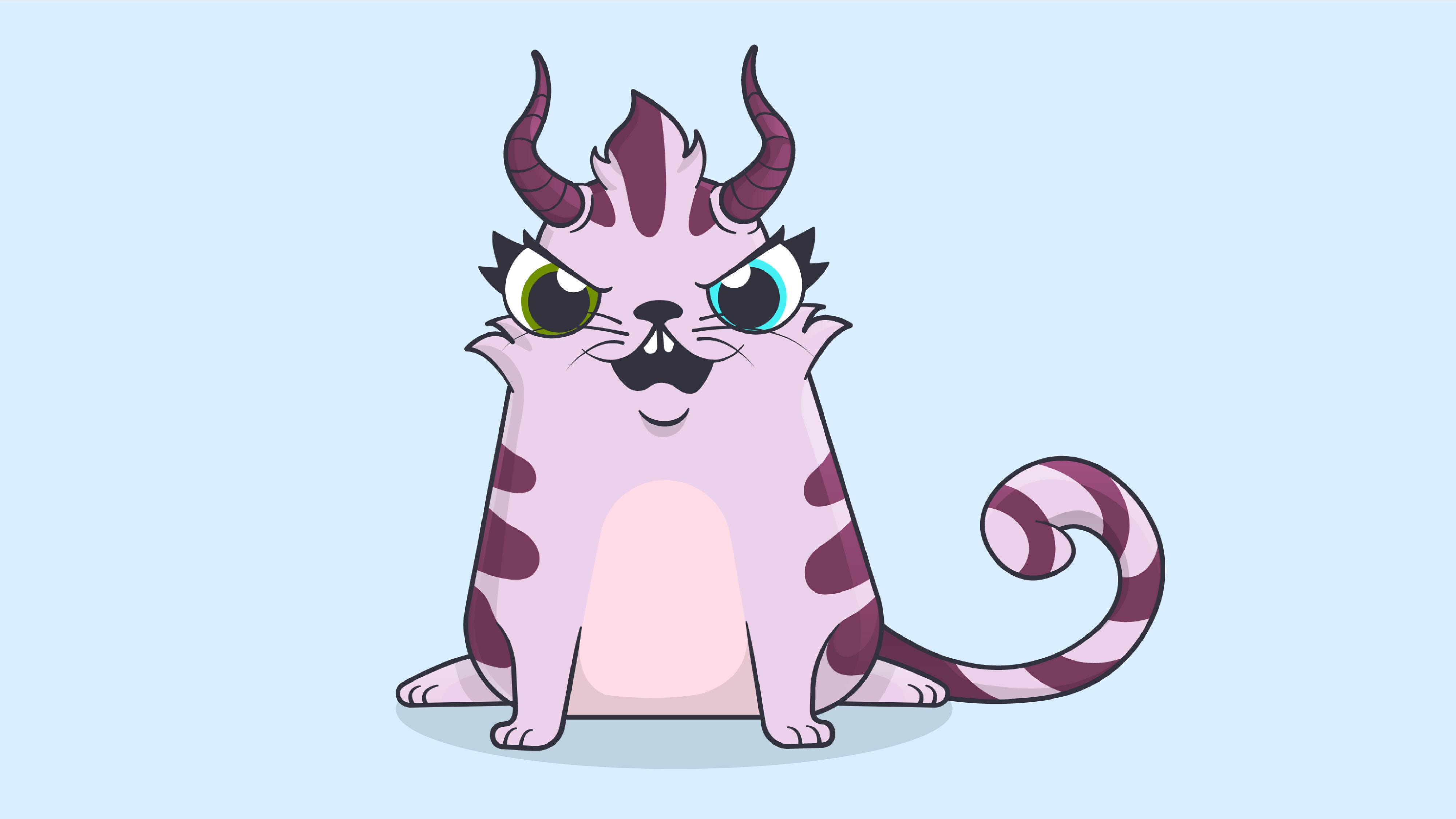 Cartoon CryptoKitty with horns and angry face.