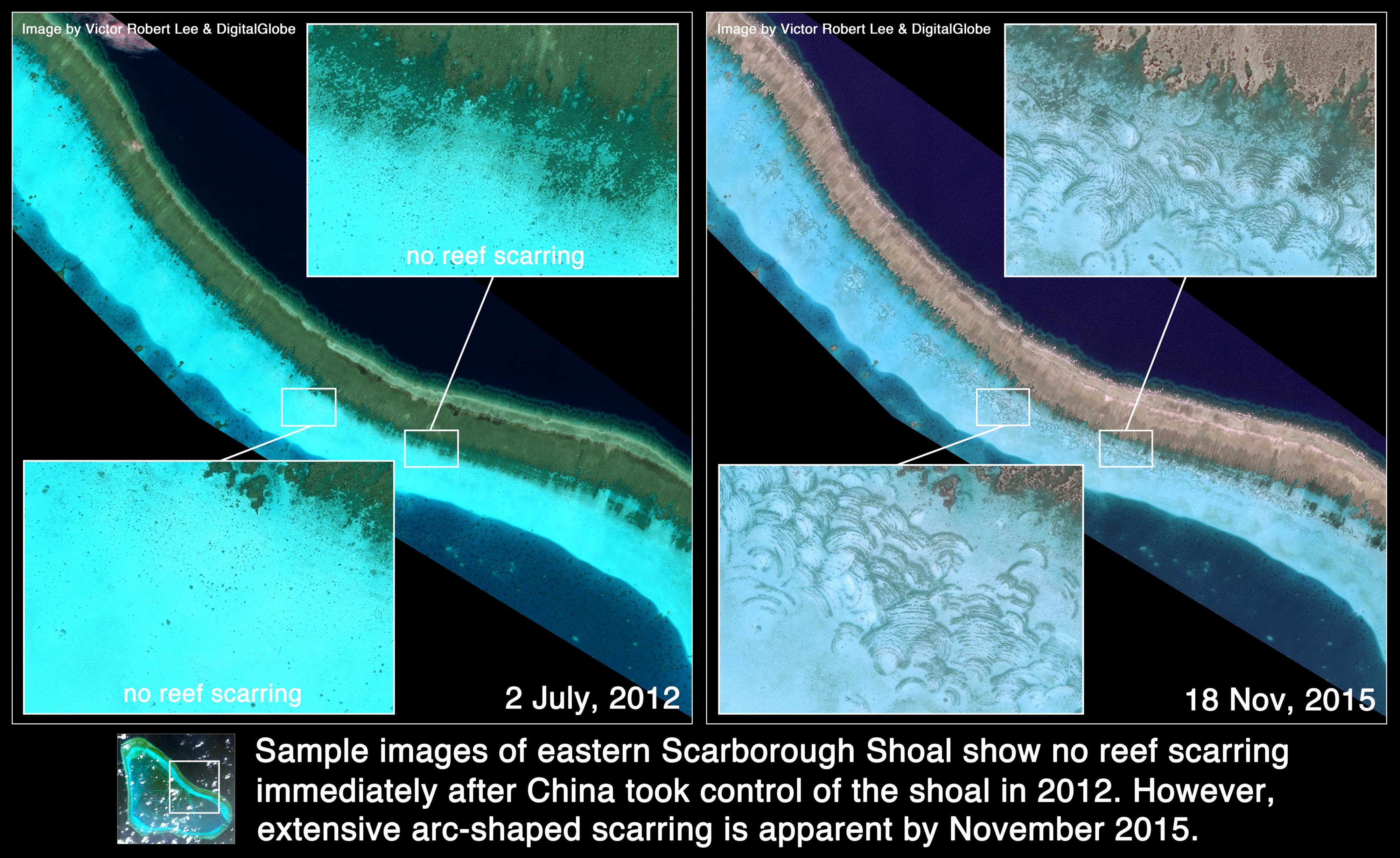 卫星影像显示中国南海生态遭到严重破坏 盗猎大砗磲 巨蚌 导致大量珊瑚礁遭到破坏 By Victor Robert Lee Satellite Image Analysis Medium