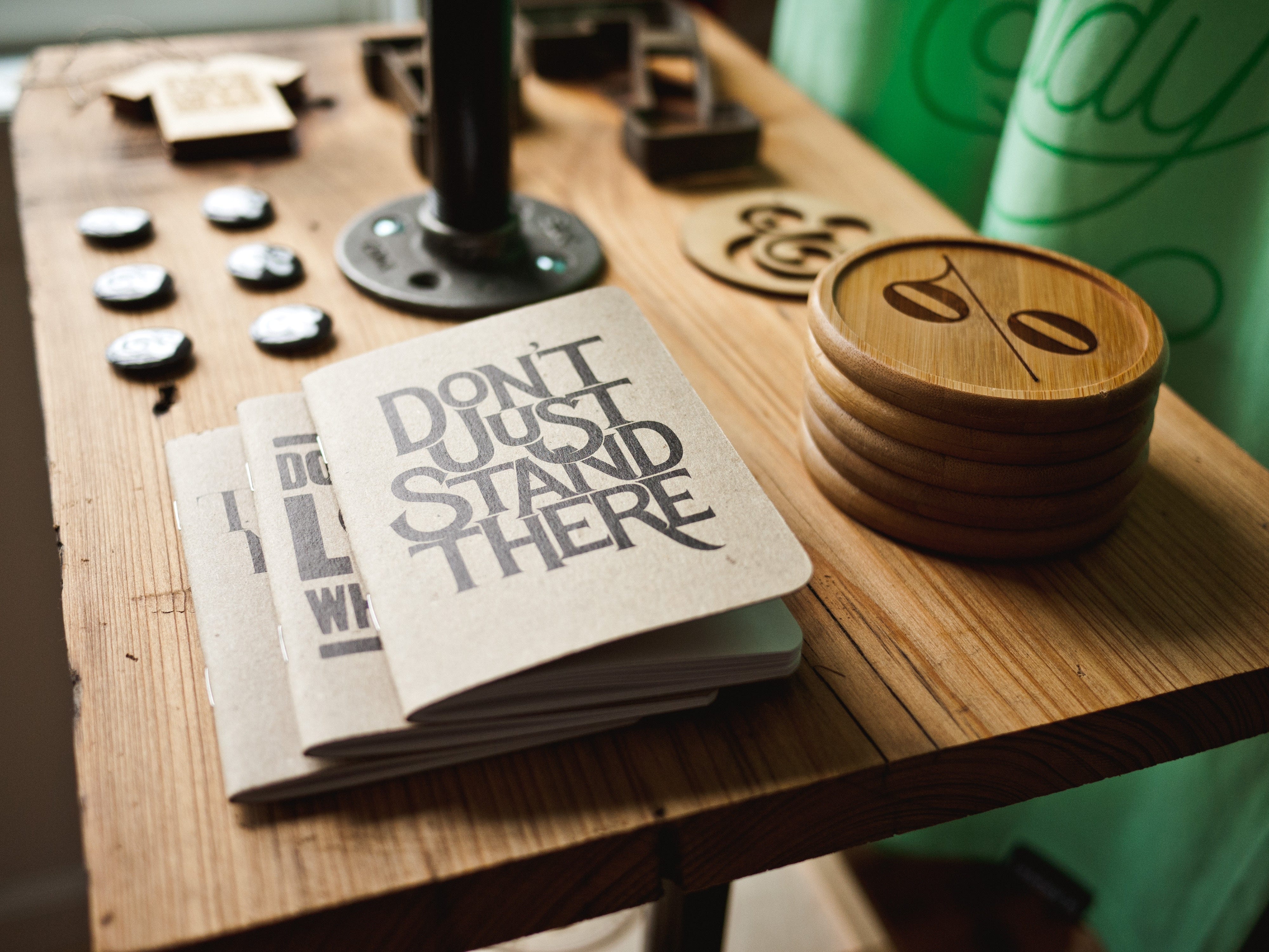 a work bench with pamphlets on it