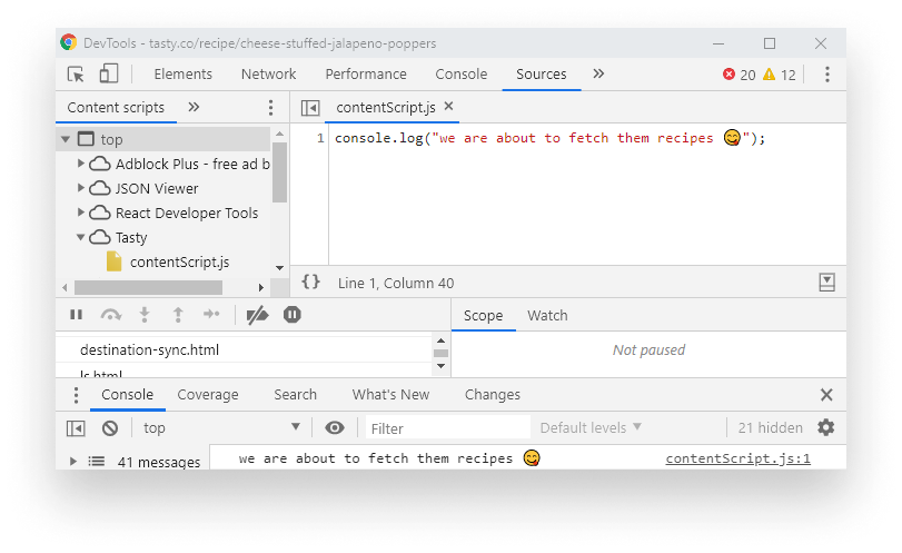 Debugging content script through the Sources tab