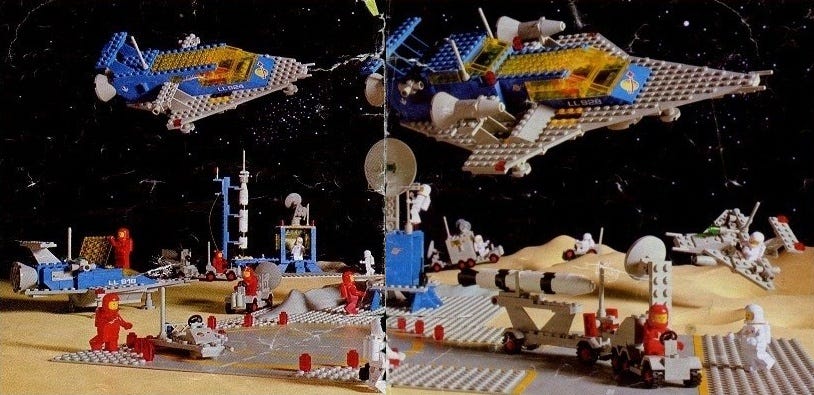 A Lego space base with many astronauts piloting rovers, spaceships, and other vehicles