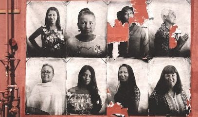 Black, white, and red cluster of 8 images of Indigenous women.