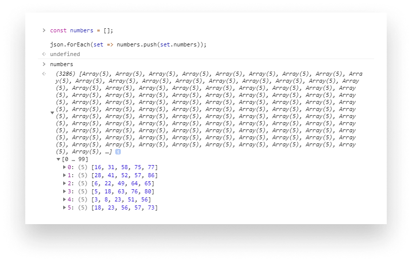 The set of winning numbers represented in arrays