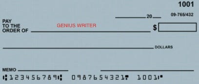 a blank check made out to Genius Writer
