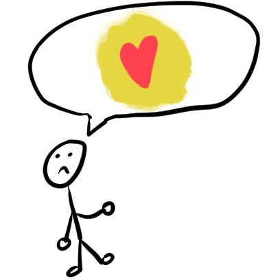A drawing of a stick figure standing beneath a speech bubble with a heart in it