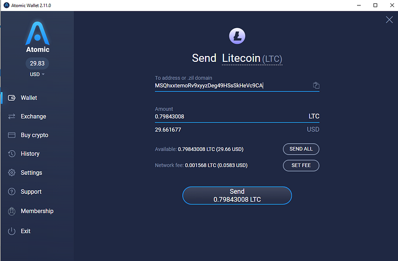 Sending crypto on Atomic Wallet