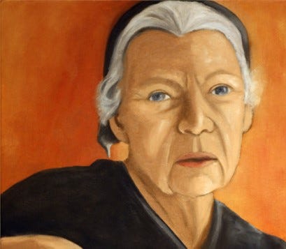 A portrait of the great social activist Dorothy Day as an elderly woman wearing her trademark black kerchief.