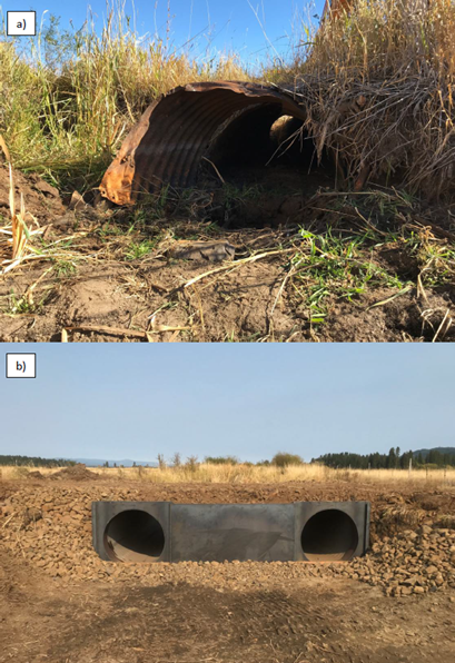 A top photo showing an old drainage system before the project implementation and a bottom photo showing the newly installed structures