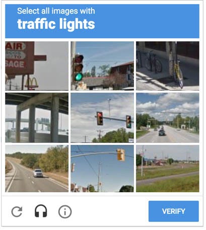 An annoying test to identify things in images as supposedly a way to tell the difference between a human (who can pass the test) and a machine (who supposedly can’t)