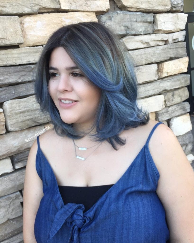 Smoky Denim Balayage On Soft Layered Lob With Long Curtain Bangs And Blowout By Hairstyleology Medium