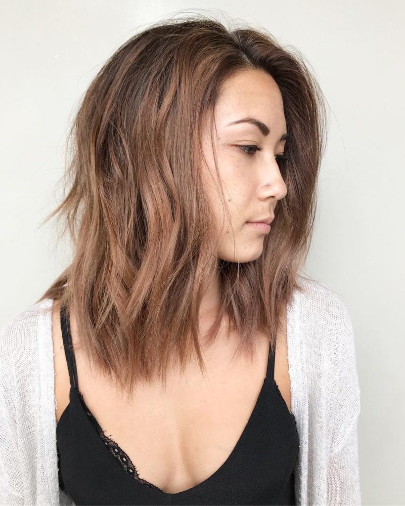 Light Rose Brown Lob With Seamless Layers And Soft Tousled Beach