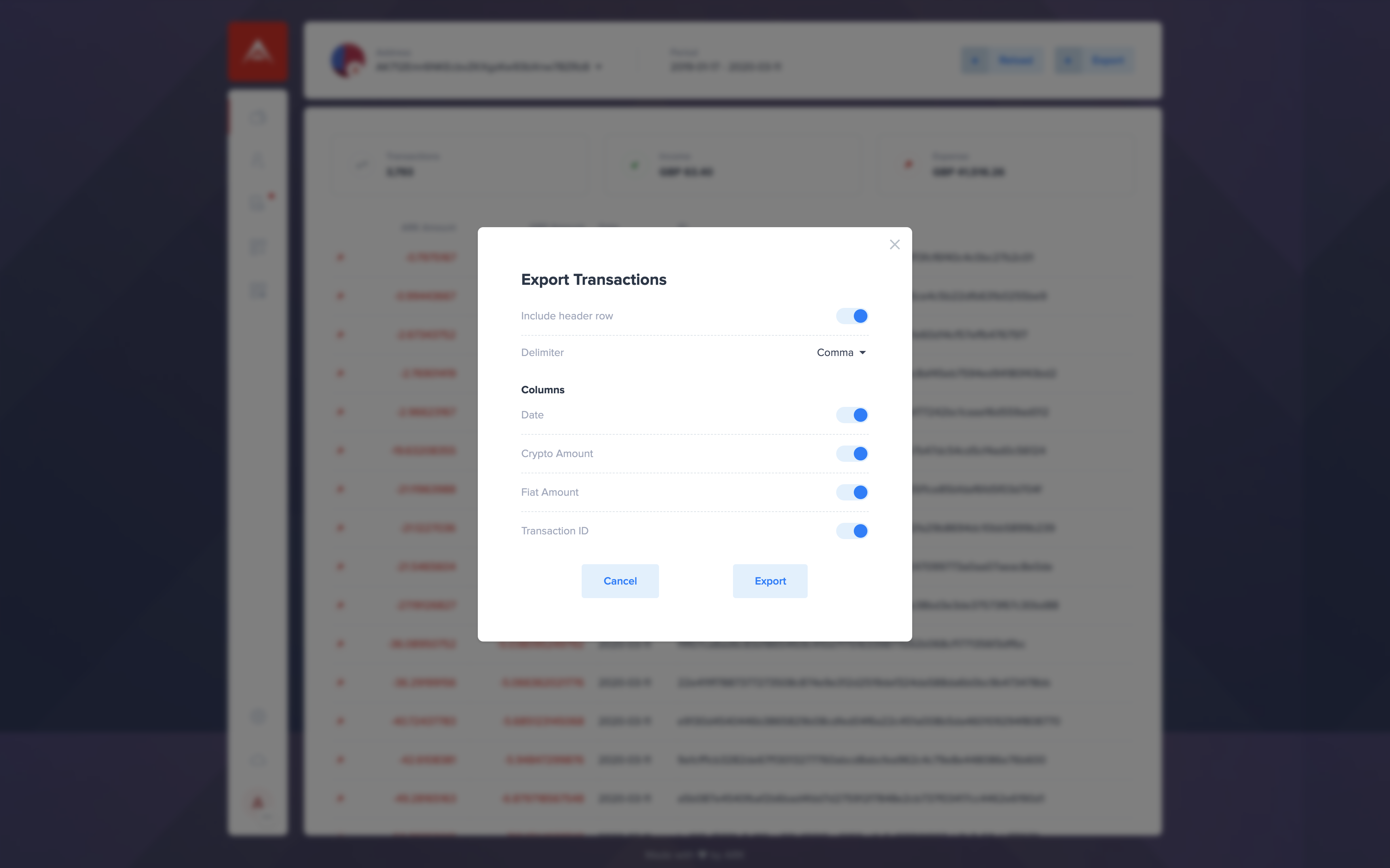 The Export Transactions menu within the ARK Transaction Plugin