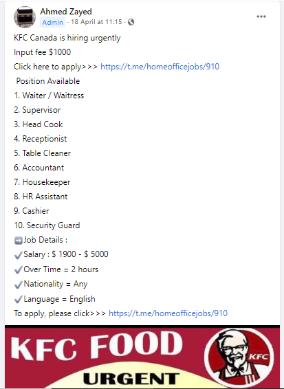 Hoax This Post Advertising Jobs At Kfc Canada Is A Scam By Pesacheck Pesacheck