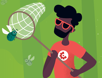 Cartoon image of man with butterfly net trying to catch bugs. This is displayed on the Crashlytics site when events haven’t been detected yet.