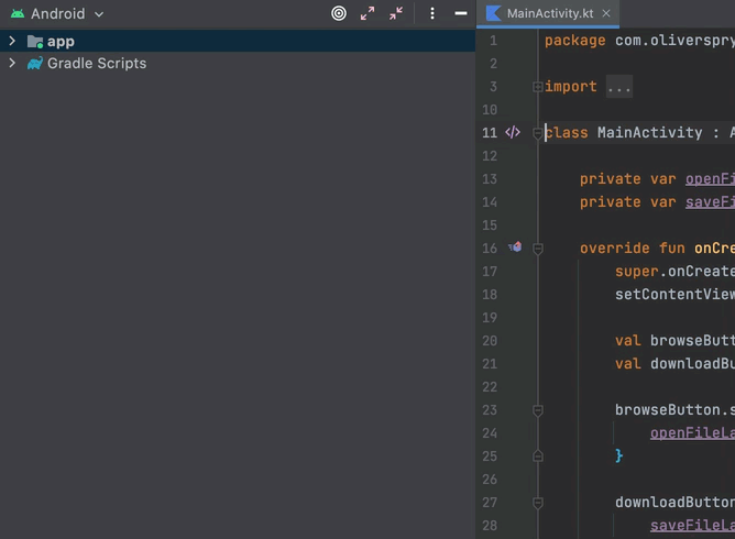 An animation showing the currently open code file in the project view.