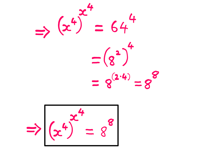 How To Really Solve This Tricky Algebra Problem? (X) — whiteboard graphics showing the following information: (x⁴)^(x⁴) = 64⁴ = (8²)⁴ = 8^(2*4) = 8⁸; Therefore: (x⁴)^(x⁴) = 8⁸