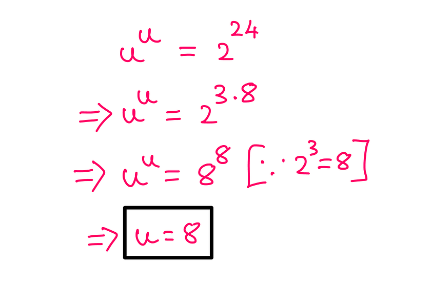 How To Really Solve This Tricky Algebra Problem? (X) — whiteboard graphics showing the following information: u^u = 2²⁴ = 2^(3*8) = 8⁸ (because 2³ = 8); Therefore: u = 8;