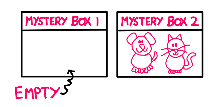 Tricky Logic Puzzle (V): How To Really Solve It? — A whiteboard-style graphic illustration showing both the cat and the dog inside mystery box 2. Mystery box 1 is empty.