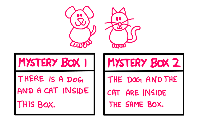 Tricky Logic Puzzle (V): How To Really Solve It? — A whiteboard-style graphic illustration showing a cat and dog above two mystery boxes labelled “Mystery Box 1” and “Mystery Box 2”. Each of these boxes has the following statements written on it: Mystery Box 1: “There is both a dog and a cat inside this box.” Mystery Box 2: “The dog and the cat are inside the same box.”
