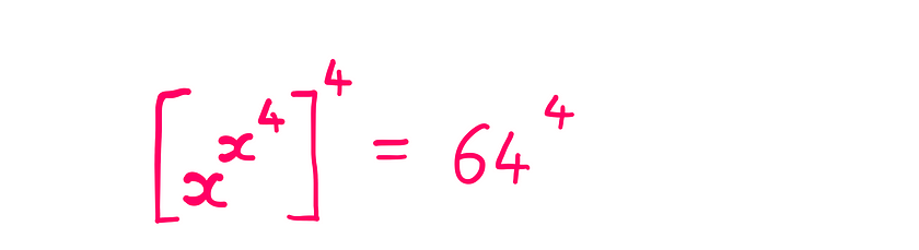 How To Really Solve This Tricky Algebra Problem? (X) — whiteboard graphics showing the following information: (x^x^4)⁴ = 64⁴