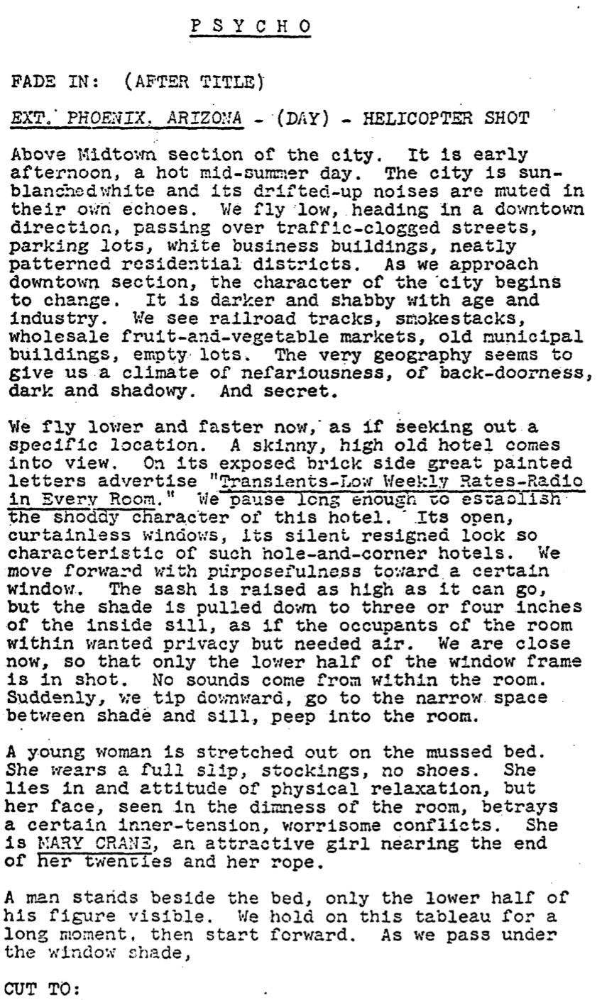 Page One ‘Psycho’ (1960). Screenplay by Joseph Stefano, based on…