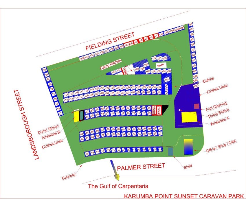 Site Plan — Karumba Point Sunset Caravan Park cabins, amenities, bbq