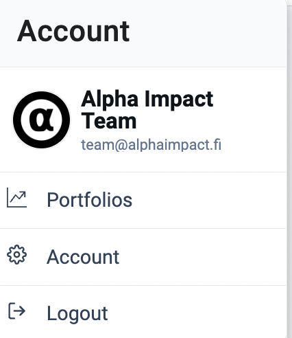 On the top left side of the Alpha Impact platform, there is a menu or navigation panel, and the user can click on their profile or an option labeled 'Account' to proceed. - image source