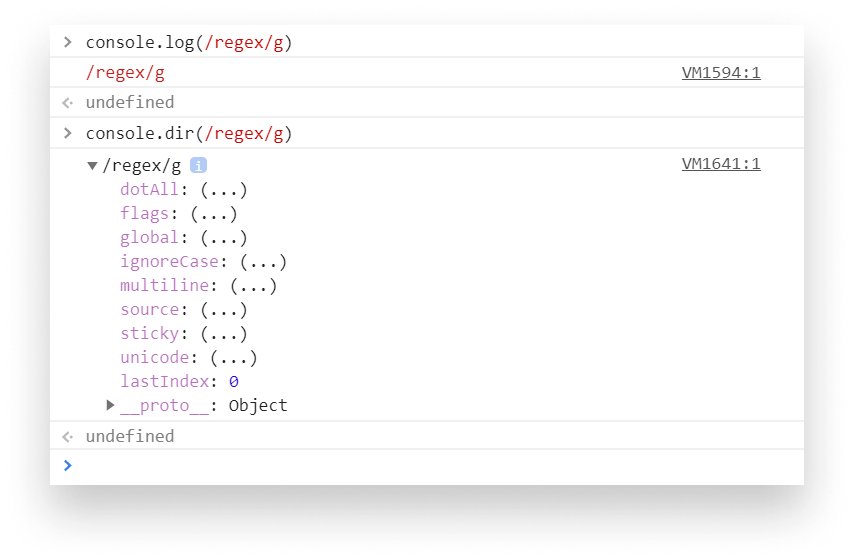 Regex object logged out with log and dir