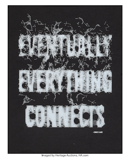 Quote from Charles Eames (famous American Designer and Architect). The quote is in this white/light-blue lightning style text that read “Eventually Everything Connects.” This text is on a black background.