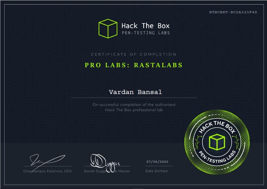 Review of HackTheBox — Pro Labs : Rastalabs | by Vardan Bansal | Medium