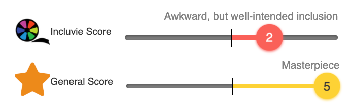 Incluvie Score: 2/5 (Awkward but well-intended inclusion) General Score: 5/5 (Masterpiece)