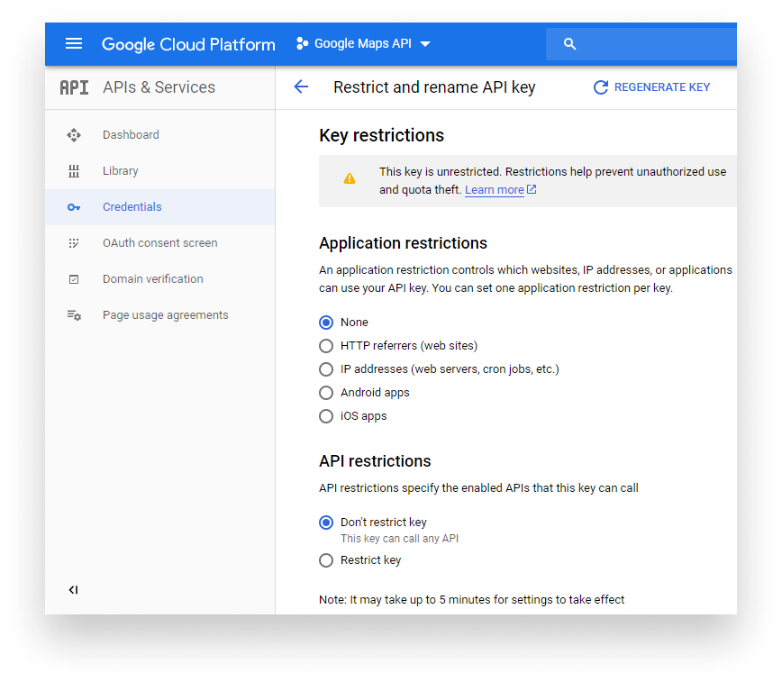 Restrict API Key under the Credentials tab