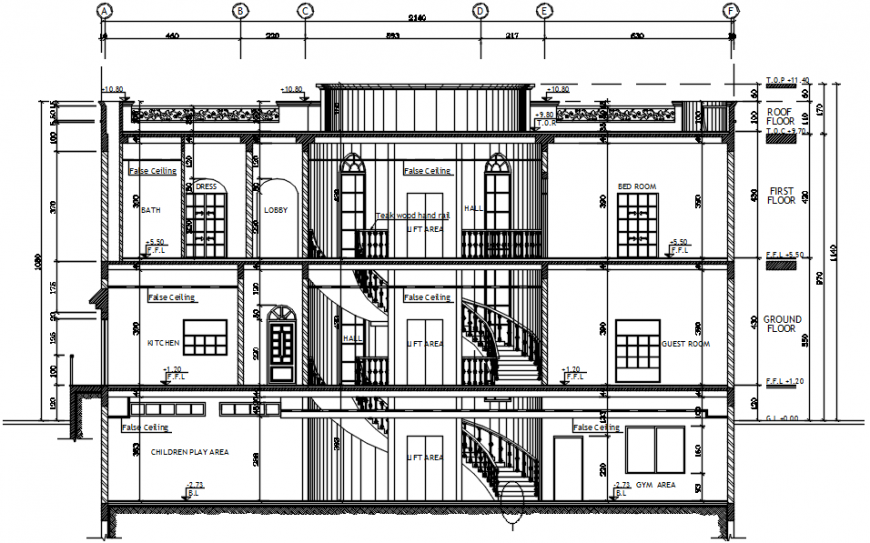 Frontal Sectional Drawing Details Of Multi Level Villa Dwg File