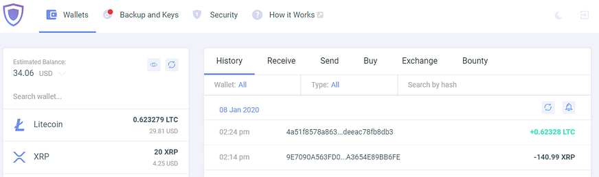 Guarda wallet transaction history