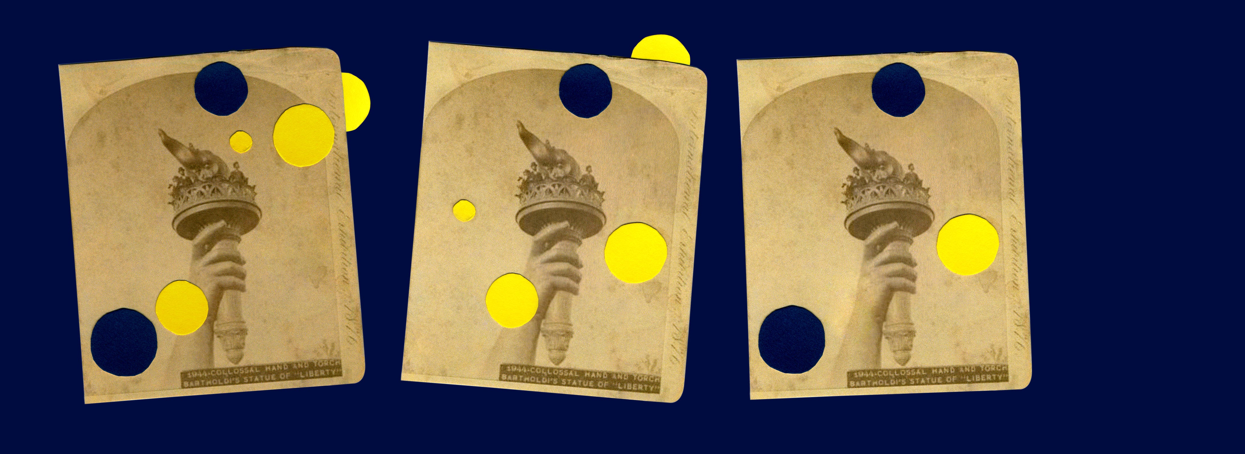 Collage with three repeated vintage photos of the Statue of Liberty’s torch