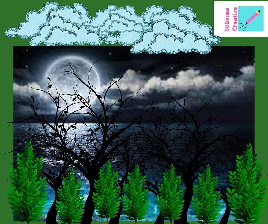 Moonlight gets reflected in the river behind trees and bushes