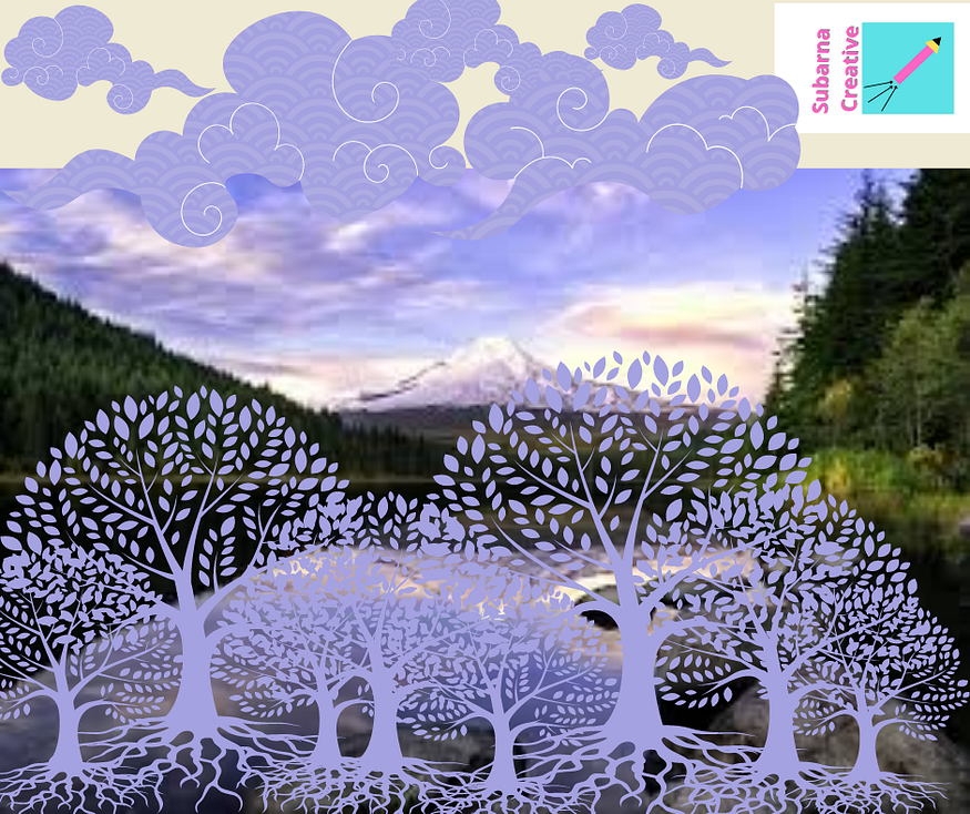 clouds, trees, and a river valley