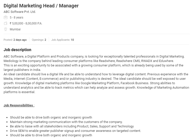 Screenshot of Job description for a Digital Marketing Head/Manager