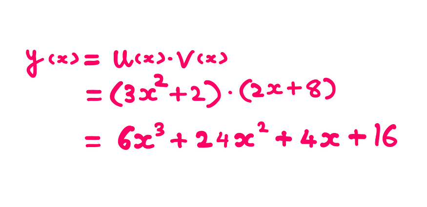 Calculus (IX): How To Really Understand The Product Rule — An illustration with whiteboard graphics showing the following information: y(x) = [u(x)]*[v(x)]; y(x) = (3x² + 2)*(2x + 8) = 6x³ + 24x² + 4x + 16
