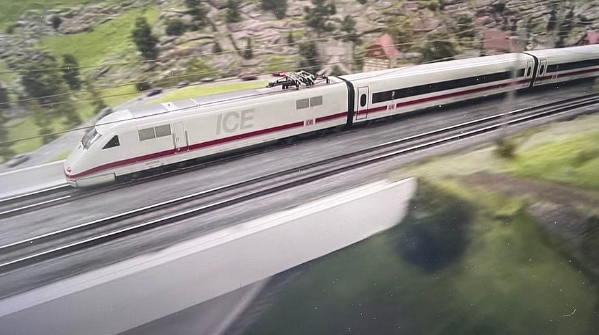 A model railroad reproduction of the ICE (Intercity Express Train) located in Europe.